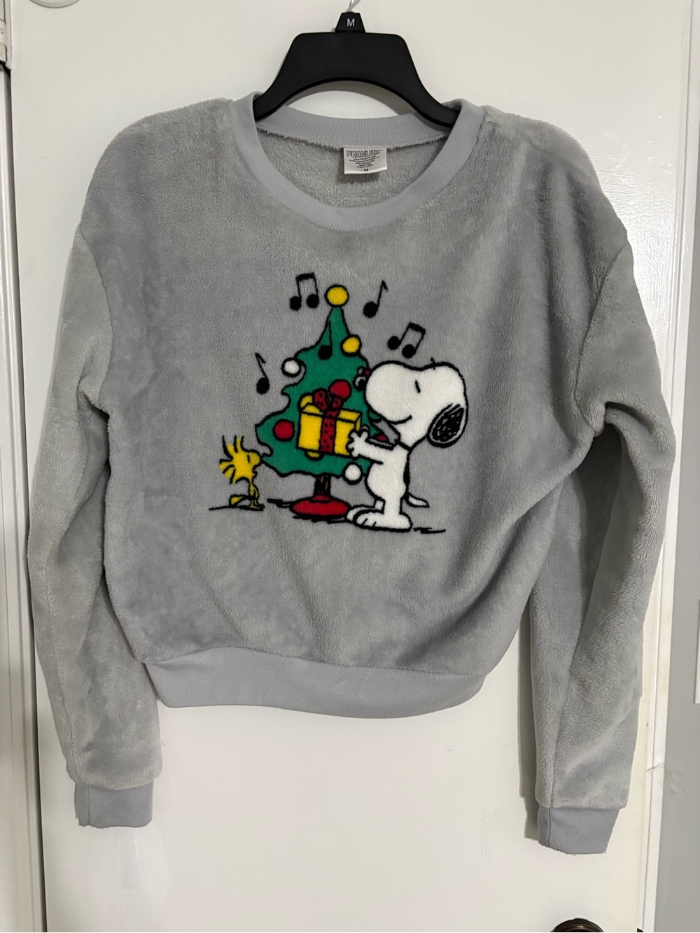 Peanuts Snoopy & Woodstock Plush Crewneck Sweater - Light Gray Size M